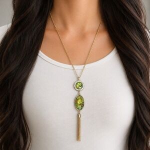 NWT Long Gold Tone Tassel Necklace Green Abalone Look Pendant Rhinestone Accent